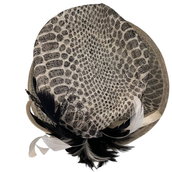 Animal Print Wide Brim Hat Black & cream/White Feather By Something Special - Picture 12 of 16